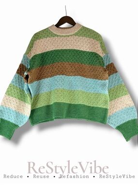 DAILY THREADS Women’s Size XS Sweater Cable Knit Crew Neck Oversized Fit Striped